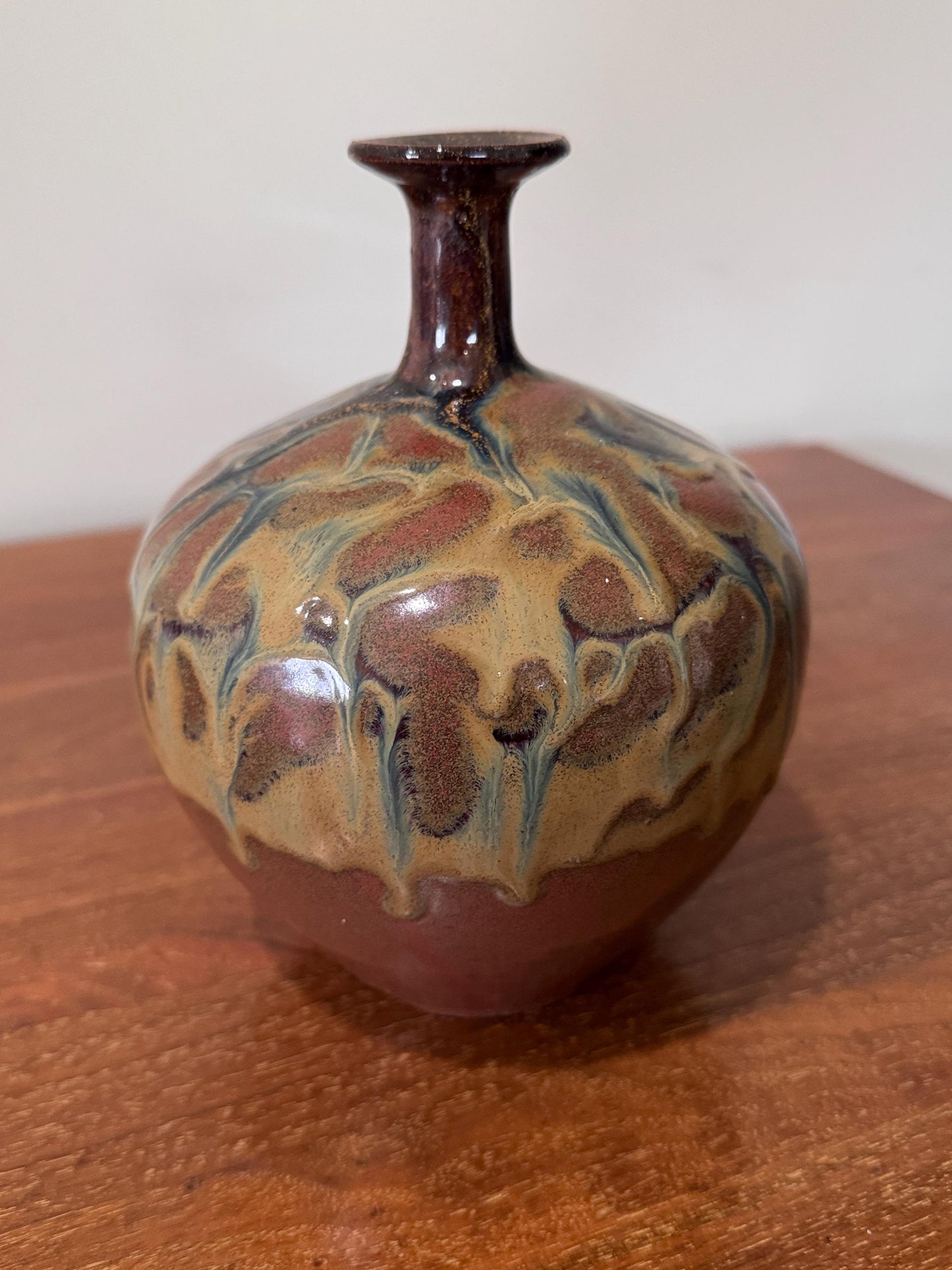 Japanese Style Studio Art Pottery Drip Glaze American Shino Vase, Mid-Century Modern Artisan Decor