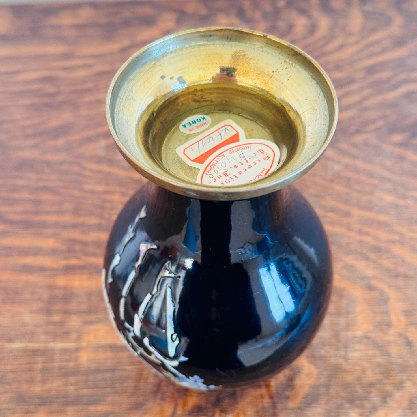 Vintage Korean Mother of Pearl Peacock Black Enamel with Brass Trim Vase