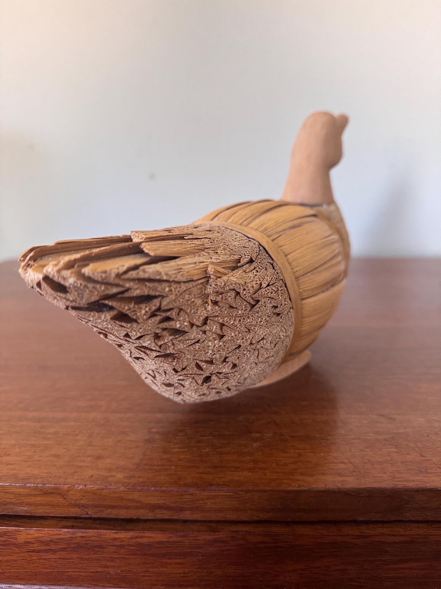 Rustic Wood & Bamboo Duck Sculpture: Farmhouse Folk Art Decor