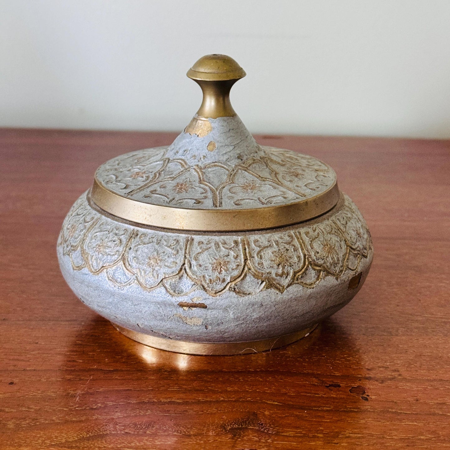 Vintage Brass two toned Blue Gray Trinket Bowl Dish that was Made in India