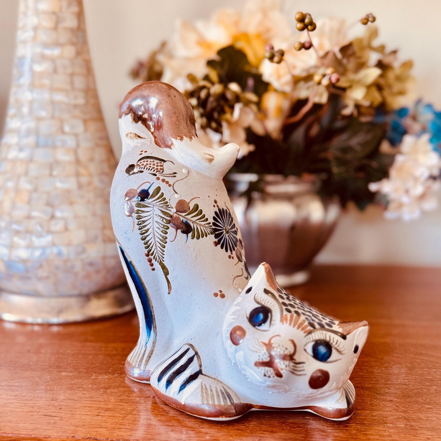 Vintage Tonalá Pottery Cat Figurine | Hand-Painted Mexican Folk Art