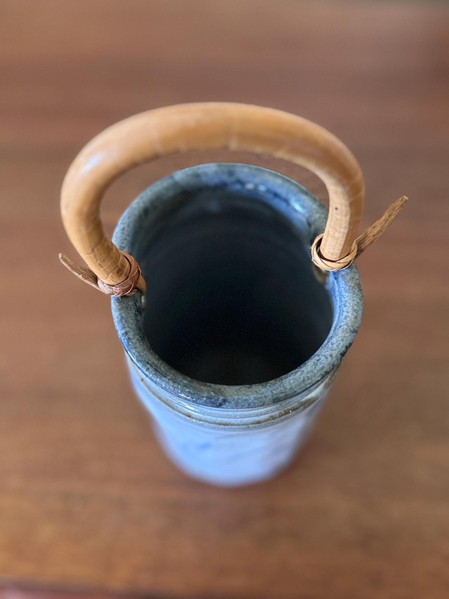 Vintage Studio Pottery Vase with Bamboo Handle Hand-Thrown Stoneware Jar with Blue Glaze & Abstract Brushwork