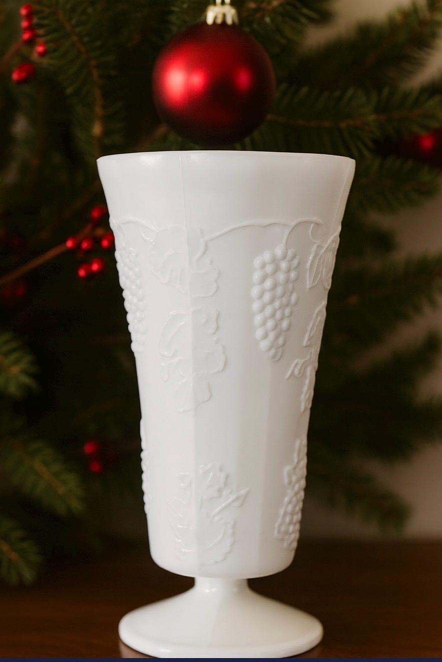 Vintage Milk Glass Grapevine Pedestal Vase – 10” Tall