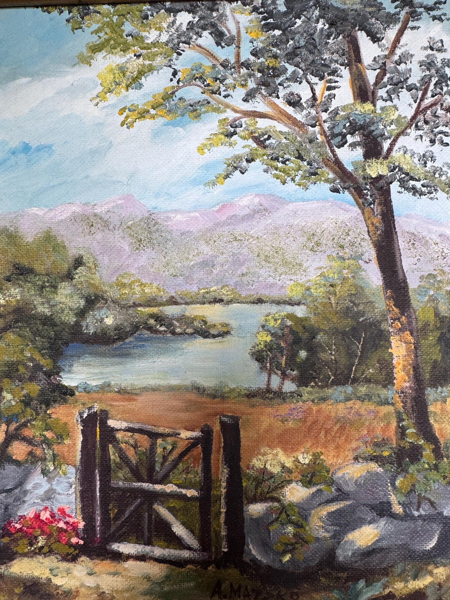 Vintage Framed Oil Painting: Rustic Country Landscape by Ann Matzko