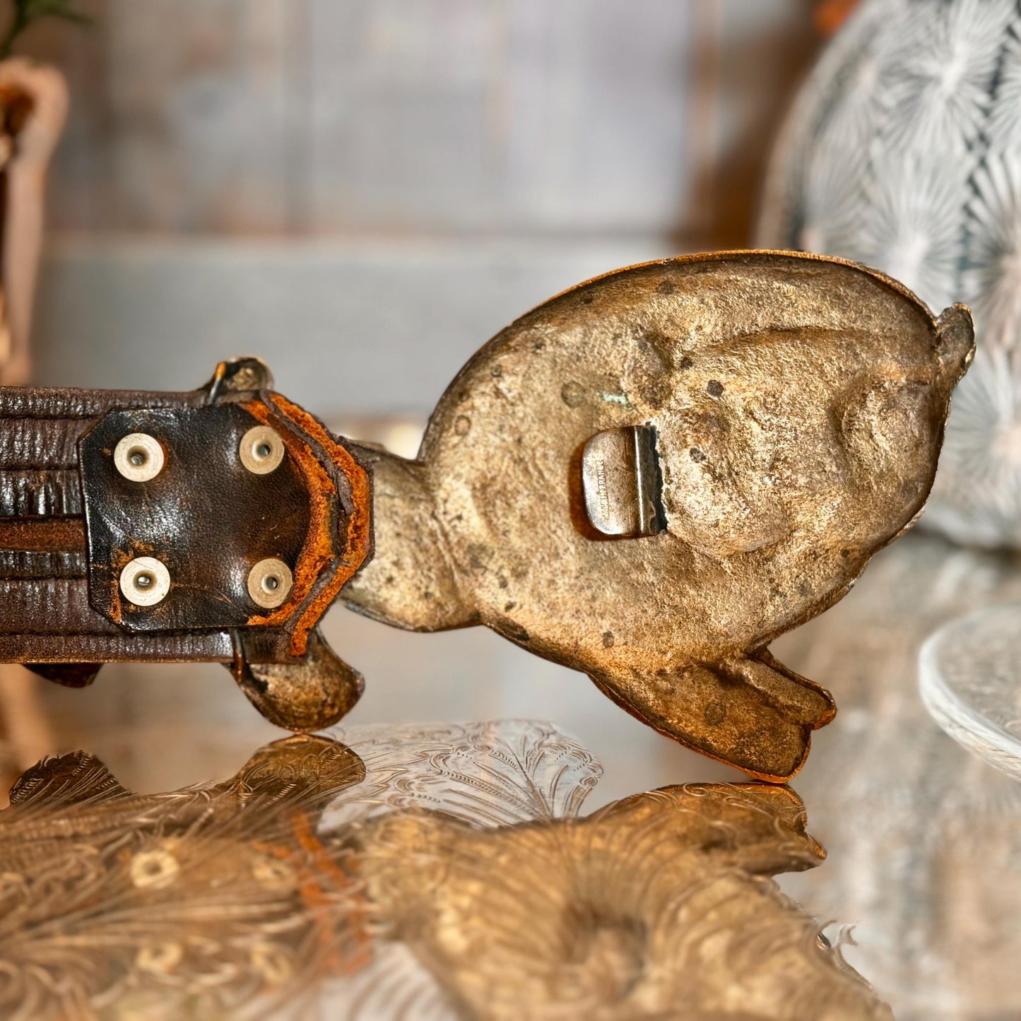 Antique French Lion Belt Buckle: Silver Pewter & Brass, Leather Belt