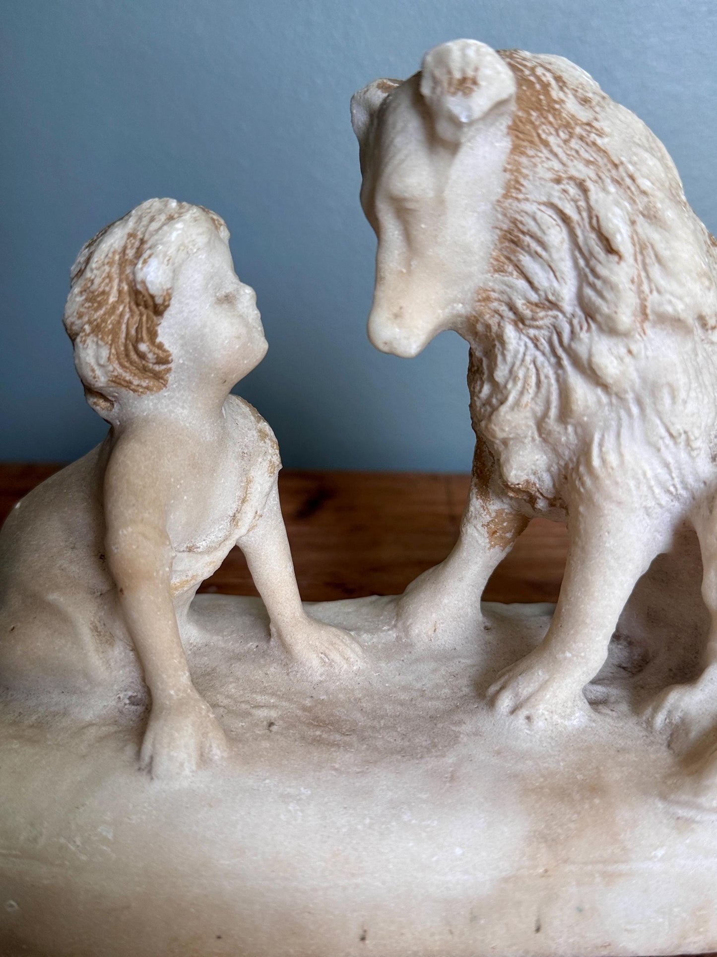 Chalkware Child & Collie Dog Figurine Whimsical Loyalty Friendship Sculpture | Nursery or Mantel Decor