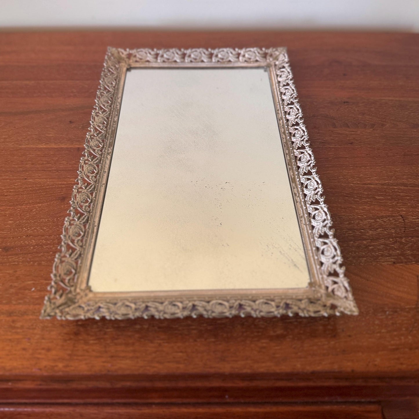 Vintage Hollywood Regency Mirrored Tray | Gilt Filigree Perfume Display