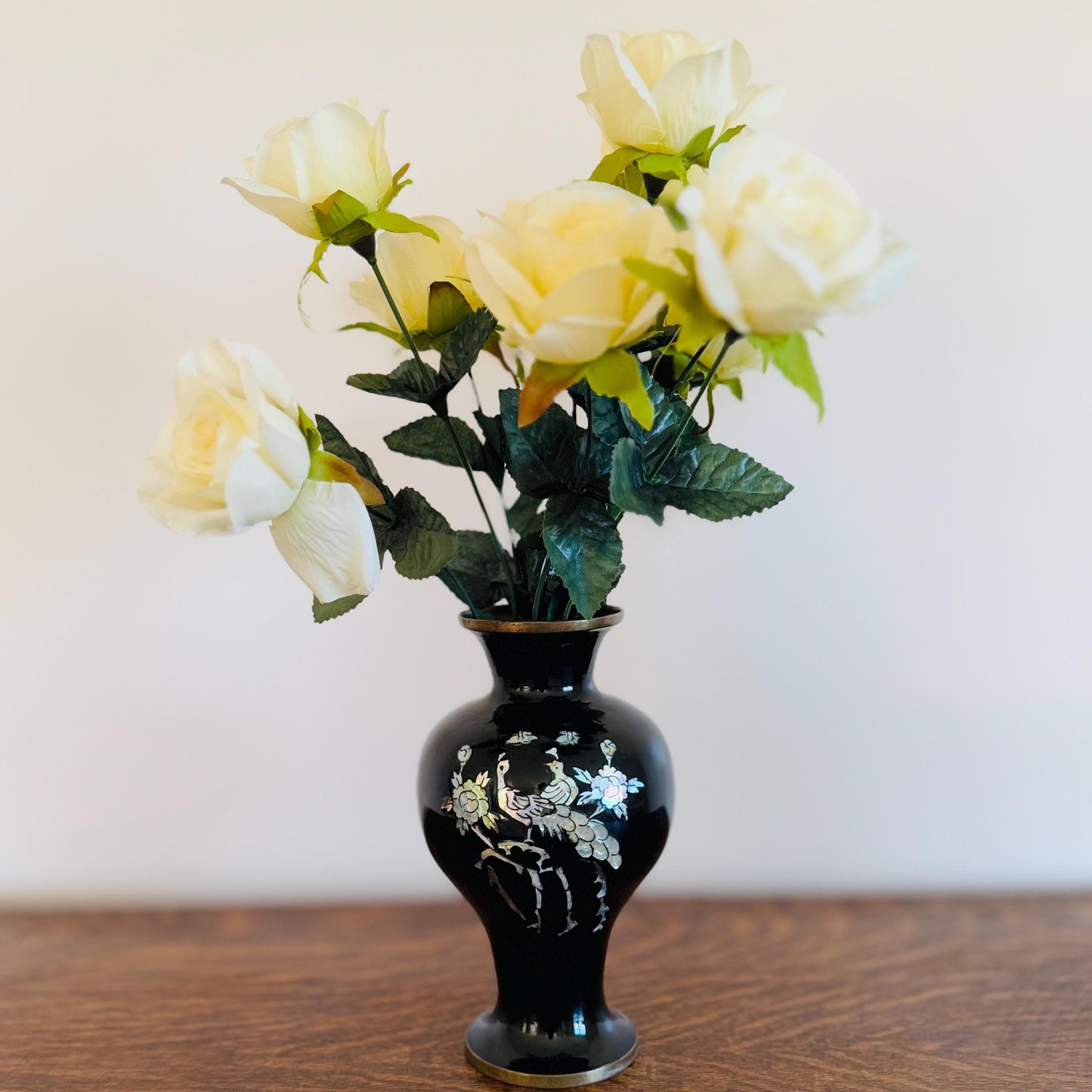 Vintage Korean Mother of Pearl Peacock Black Enamel with Brass Trim Vase