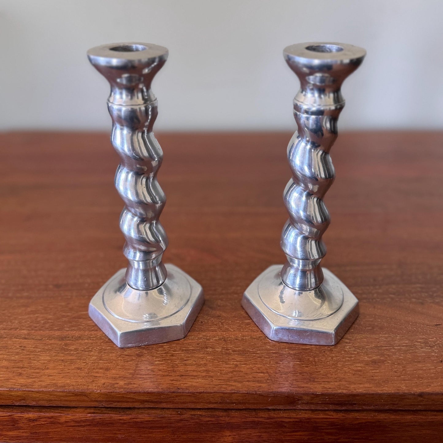 Vintage Aluminum Barley Twist Spiral Candlestick Holder, Taper Candle Pair Mid Century Modern