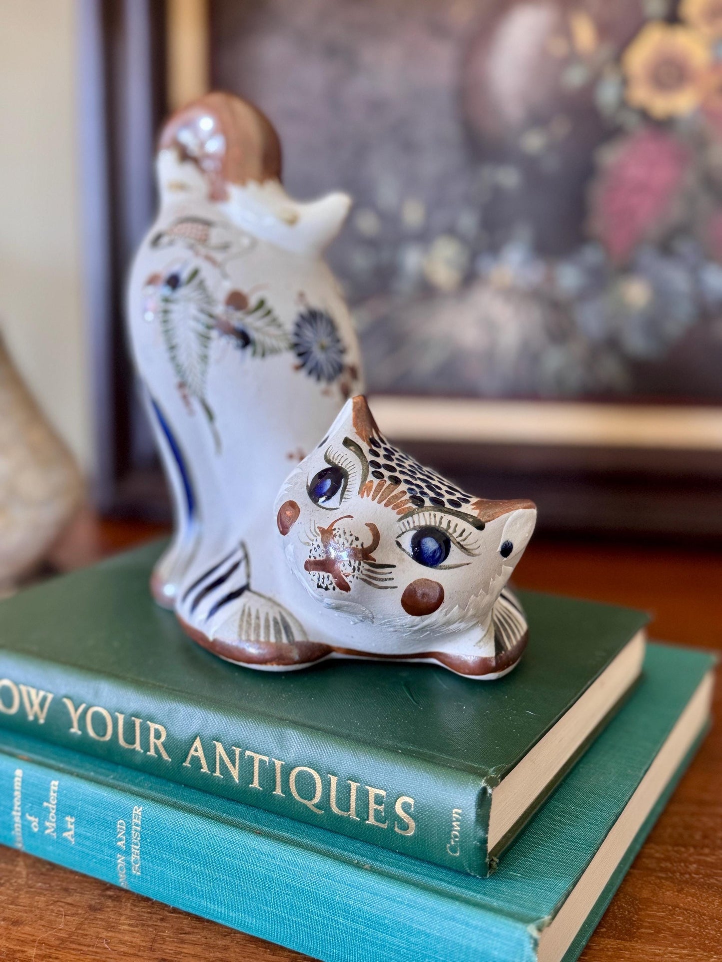 Vintage Tonalá Pottery Cat Figurine | Hand-Painted Mexican Folk Art
