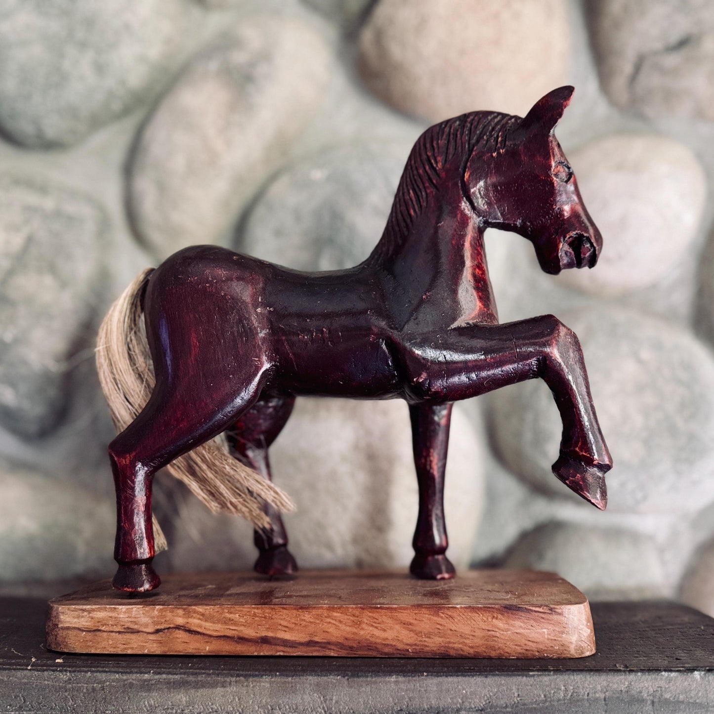 Hand-Carved Wooden Dressage Piaffe Horse Statue – Roatán, Honduras Folk Art – Equestrian Décor