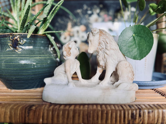 Chalkware Child & Collie Dog Figurine Whimsical Loyalty Friendship Sculpture | Nursery or Mantel Decor