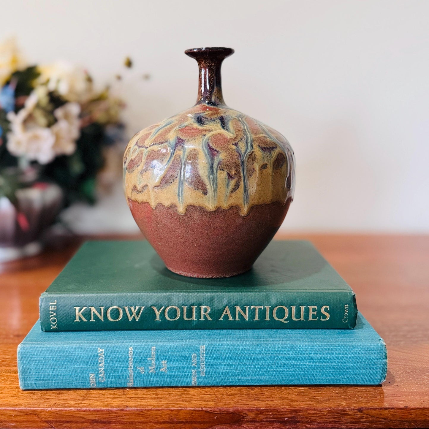 Japanese Style Studio Art Pottery Drip Glaze American Shino Vase, Mid-Century Modern Artisan Decor