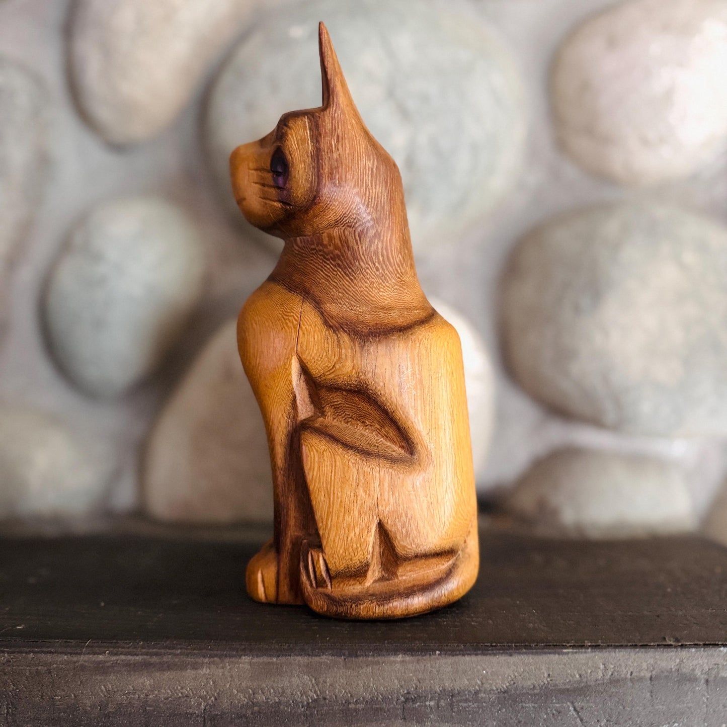 Vintage Hand Carved Wooden Mid Century Modern Cat Sculpture
