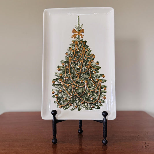Embossed Ceramic Christmas Tree Platter with Gold Accents – Mid-Century Holiday Décor Tray