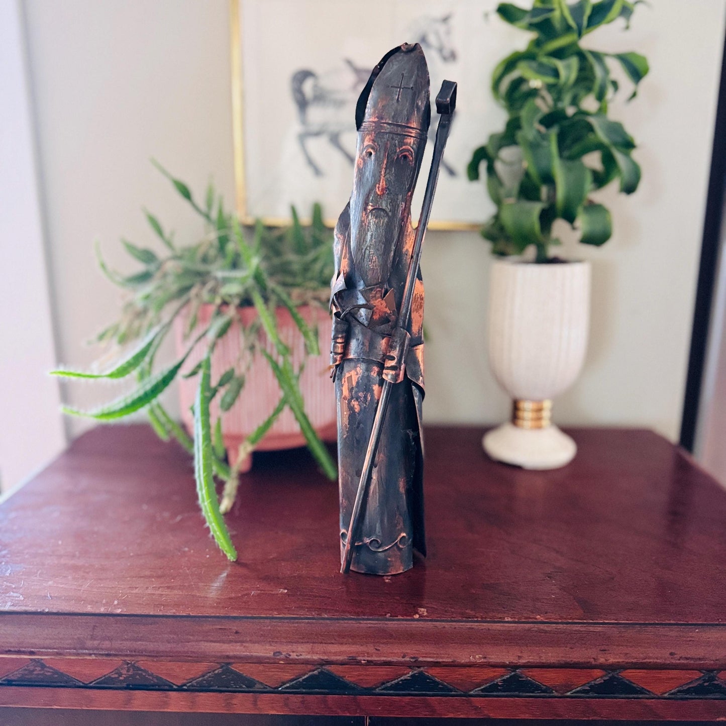 Vintage Brutalist Copper Sculpture: Signed Fergus O'Malley Irish Saint Figure