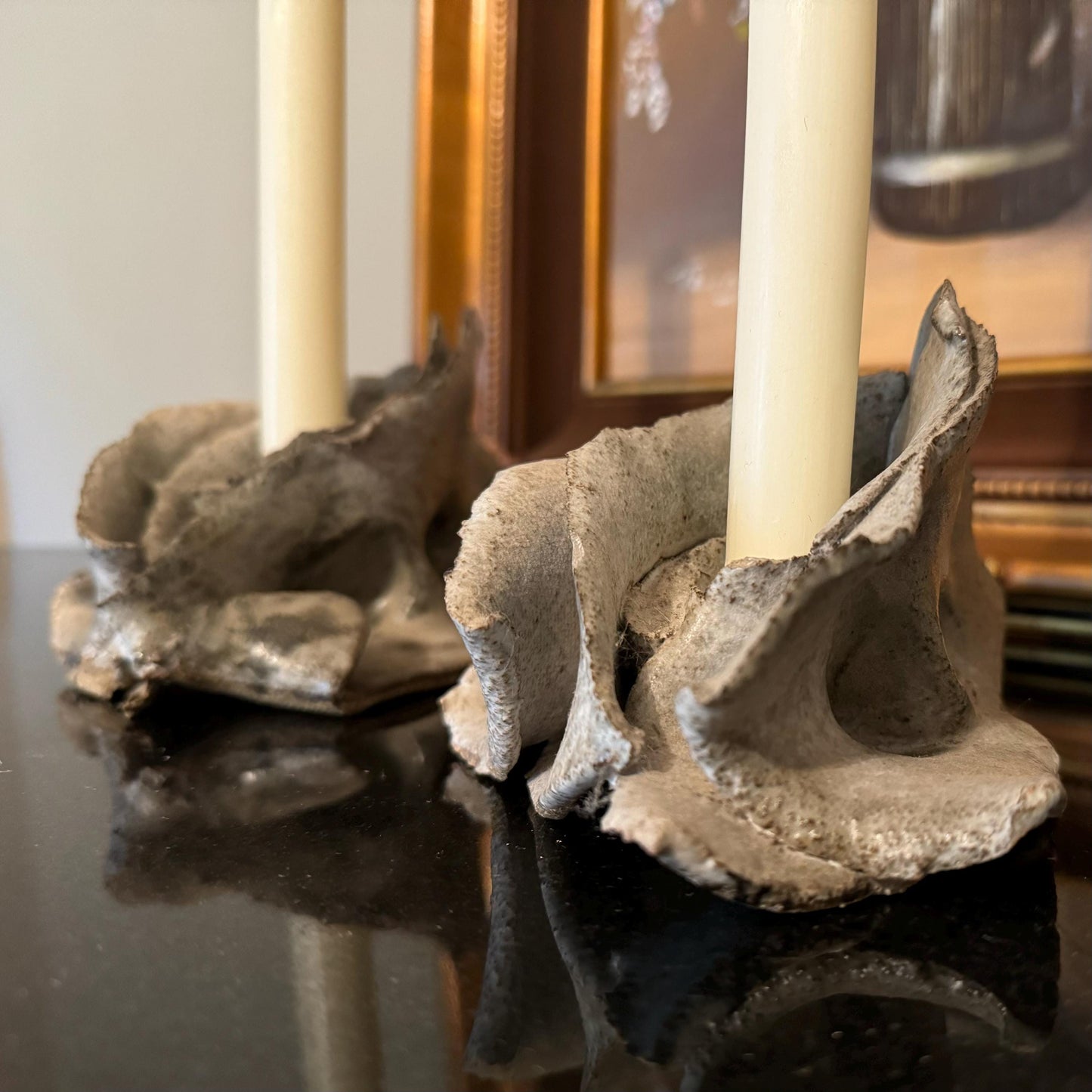Vintage Sculpted Concrete Candle Holder Set: Rose Flower Design