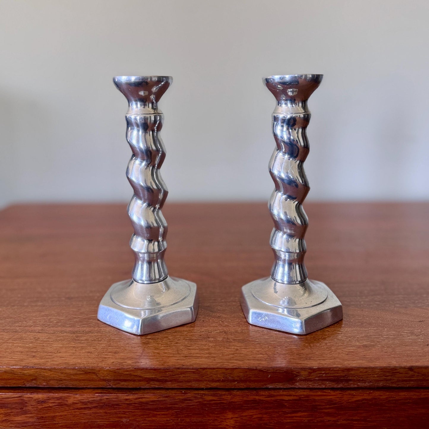 Vintage Aluminum Barley Twist Spiral Candlestick Holder, Taper Candle Pair Mid Century Modern