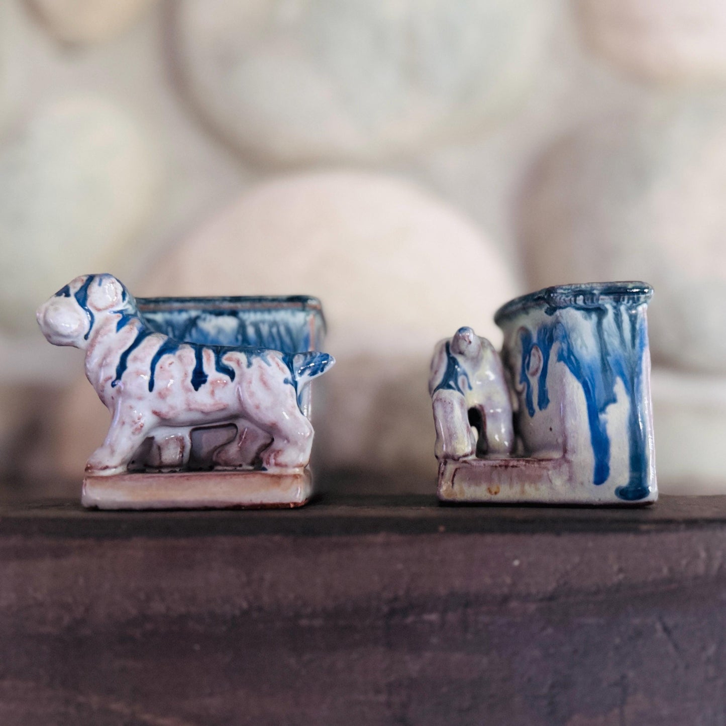 Vintage Japanese Ceramic Dog Planters: Blue Drip Glaze Folk Art, Set of 2