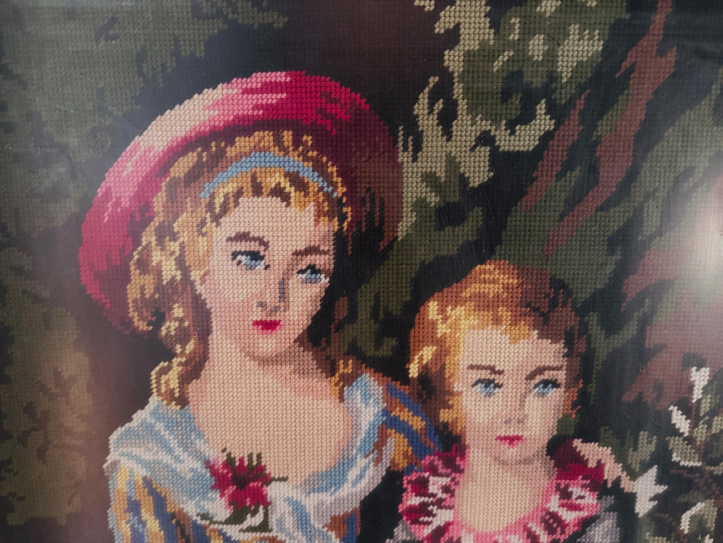 Large Victorian Needlepoint Crewel Fiber Art — Ornate Gold Gilt Frame