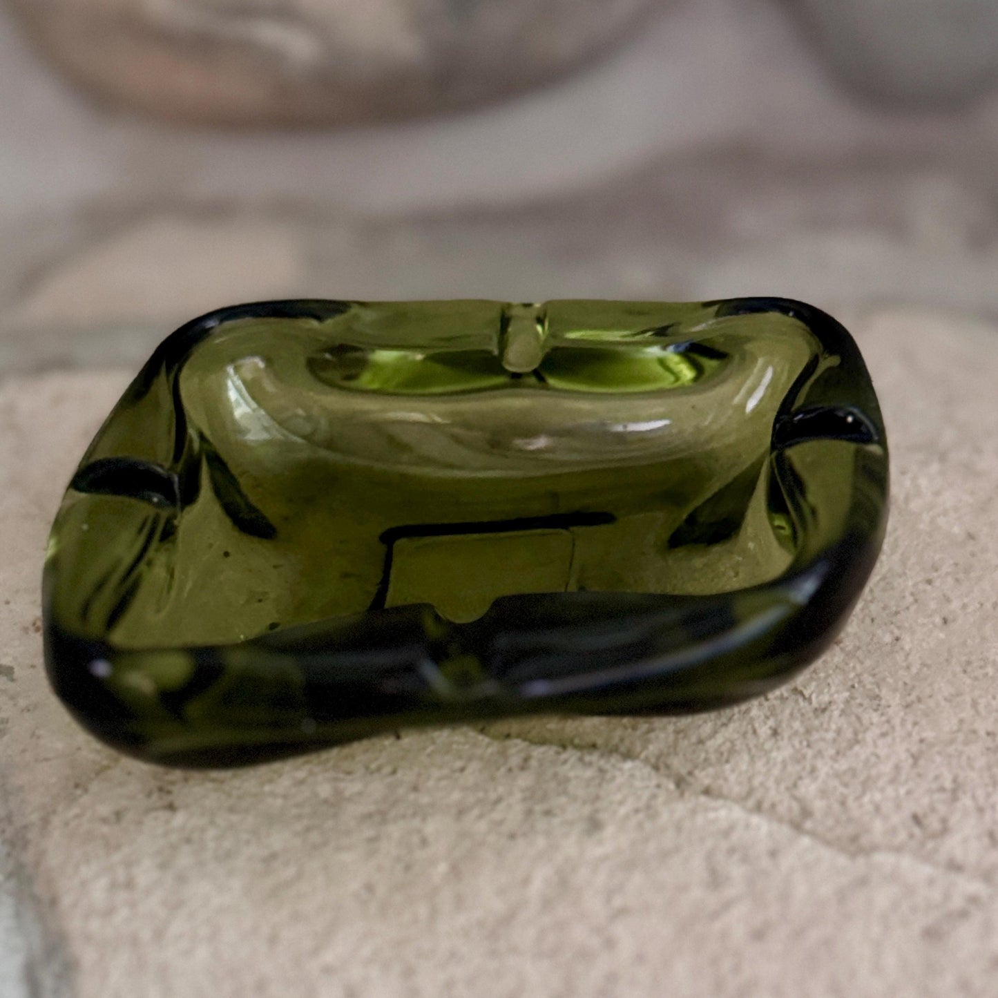 Olive Green Mid-Century Glass Ashtray Catchall – Heavy Retro Sculptural Form