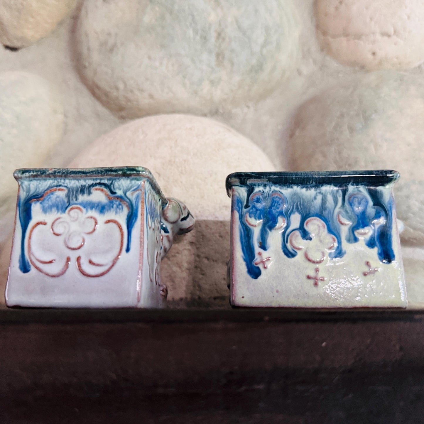 Vintage Japanese Ceramic Dog Planters: Blue Drip Glaze Folk Art, Set of 2
