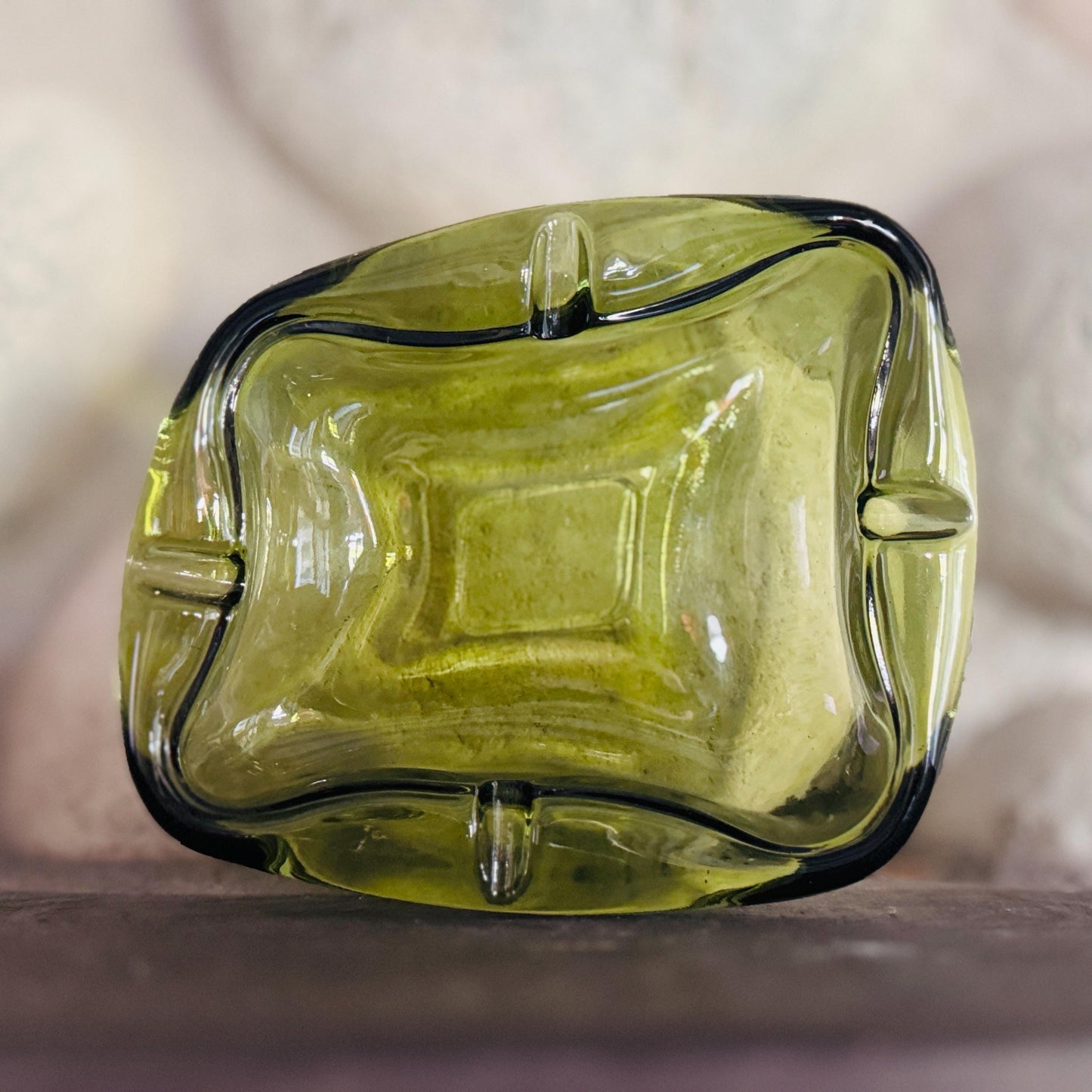Olive Green Mid-Century Glass Ashtray Catchall – Heavy Retro Sculptural Form