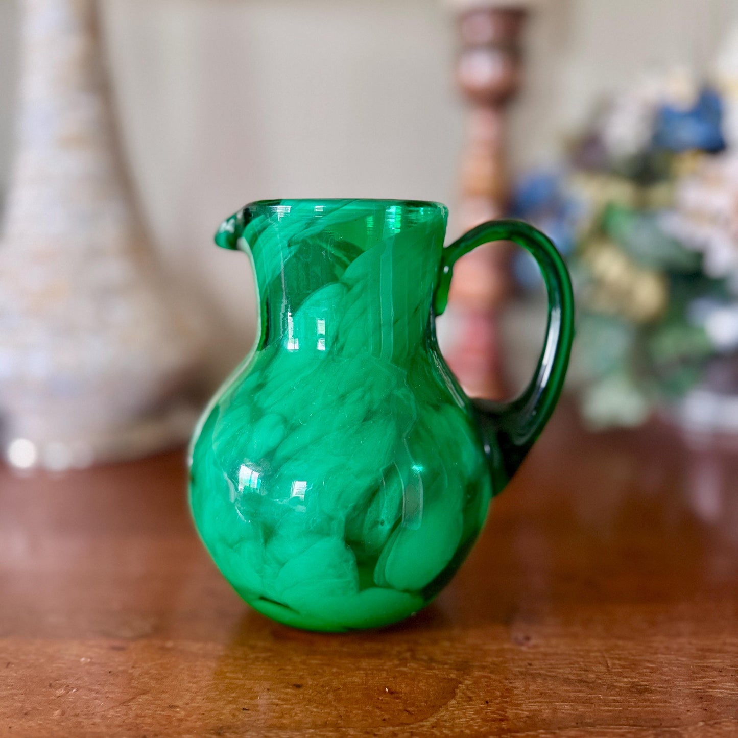 Vintage Hand Blown Jewel Toned Emerald Green Swirl Art Glass Retro Barware