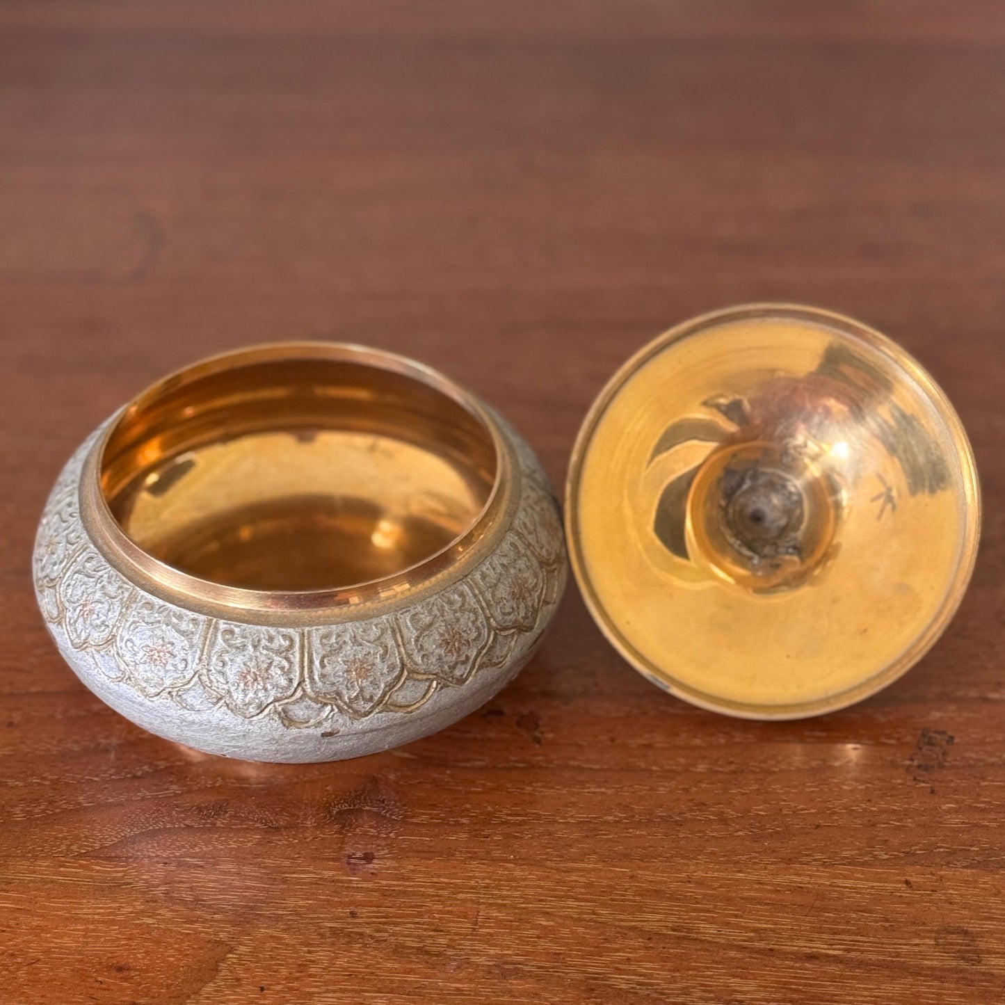 Vintage Brass two toned Blue Gray Trinket Bowl Dish that was Made in India