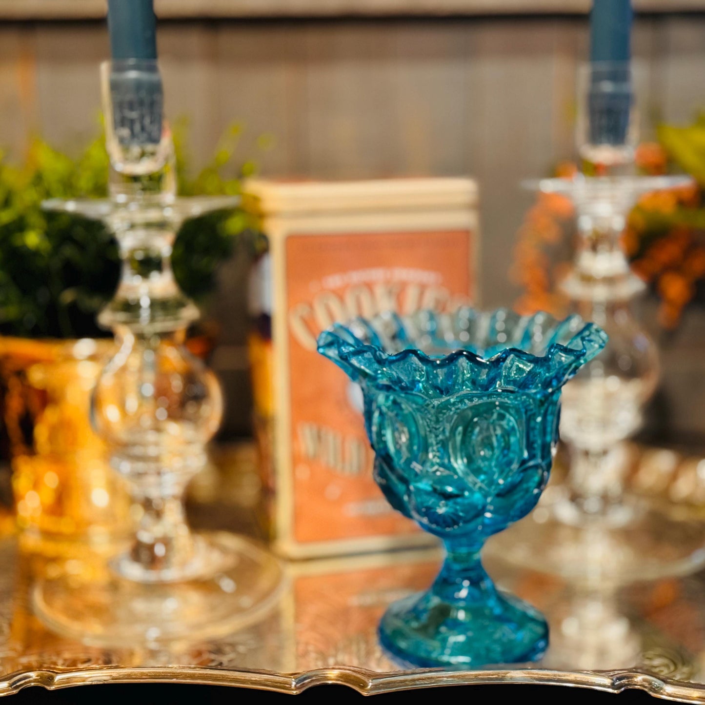 Vintage Moon & Stars Blue Glass Candy Dish - Mid Century Compote Bowl