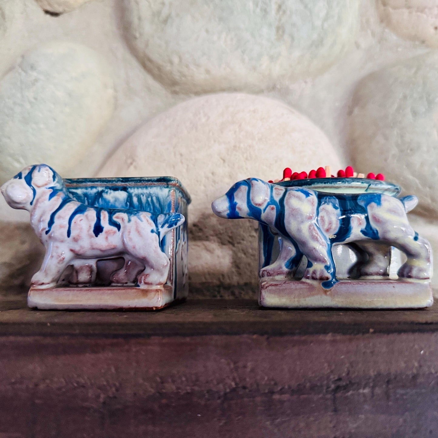 Vintage Japanese Ceramic Dog Planters: Blue Drip Glaze Folk Art, Set of 2
