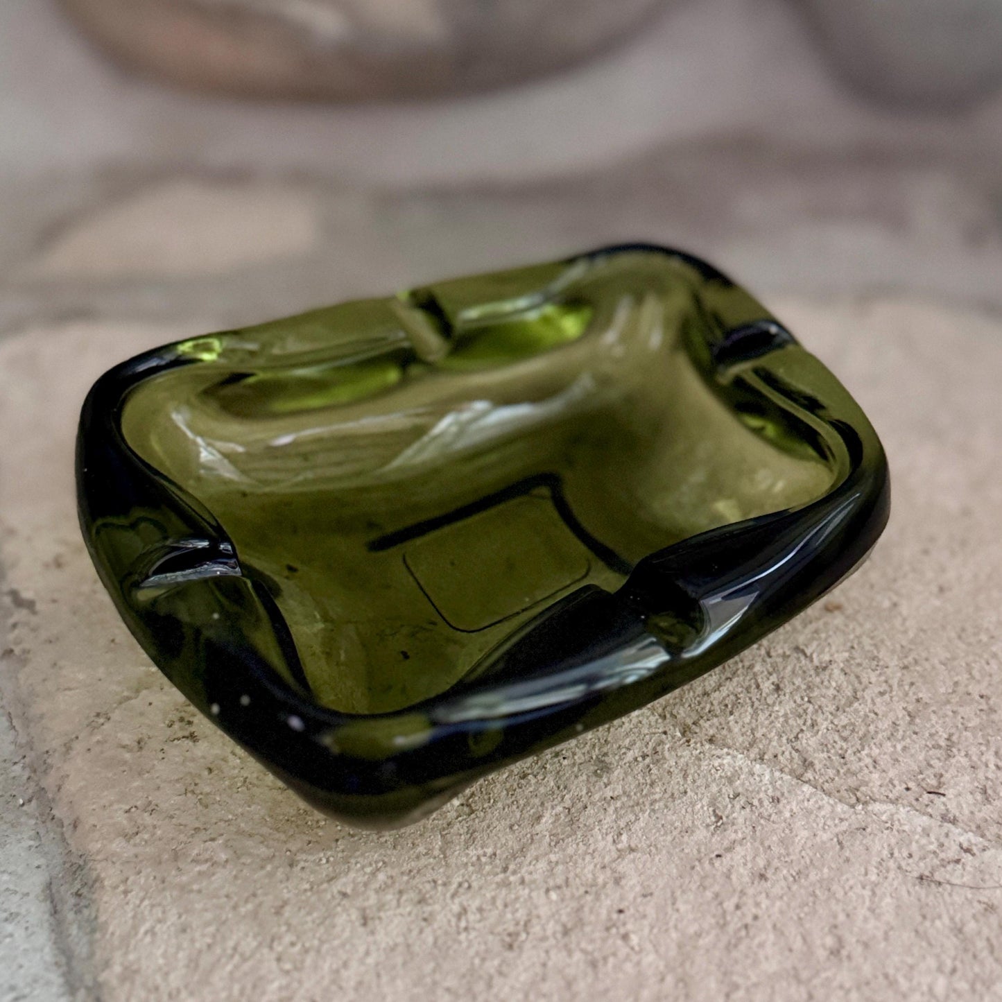 Olive Green Mid-Century Glass Ashtray Catchall – Heavy Retro Sculptural Form
