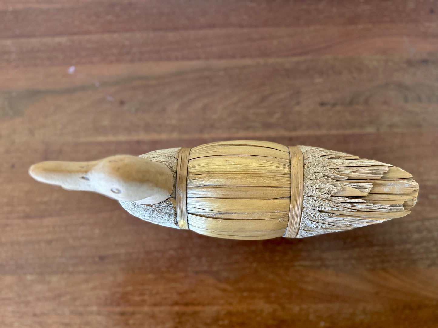 Rustic Wood & Bamboo Duck Sculpture: Farmhouse Folk Art Decor