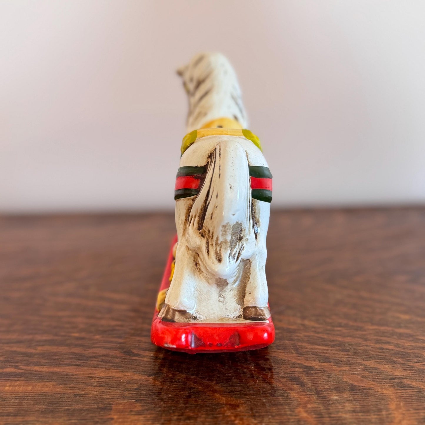 Vintage Enesco Holiday Rocking Horse Bank – Hand-Painted Ceramic Christmas Toy Horse with Teddy Bear & ABC Block
