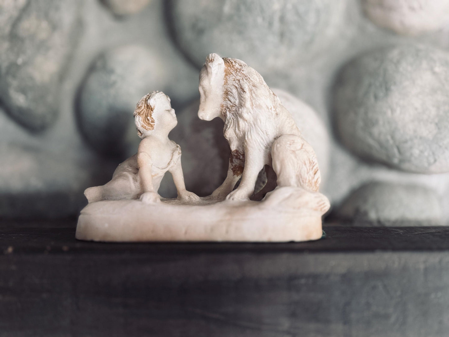 Chalkware Child & Collie Dog Figurine Whimsical Loyalty Friendship Sculpture | Nursery or Mantel Decor