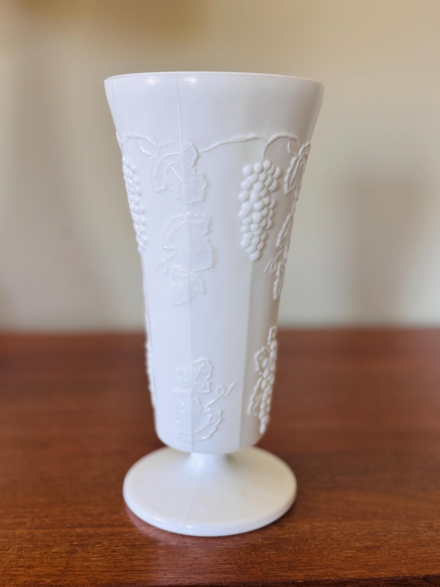 Vintage Milk Glass Grapevine Pedestal Vase – 10” Tall
