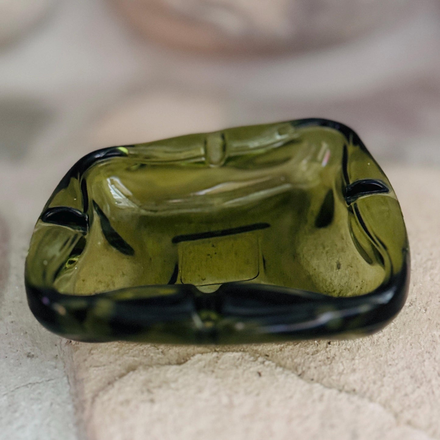 Olive Green Mid-Century Glass Ashtray Catchall – Heavy Retro Sculptural Form