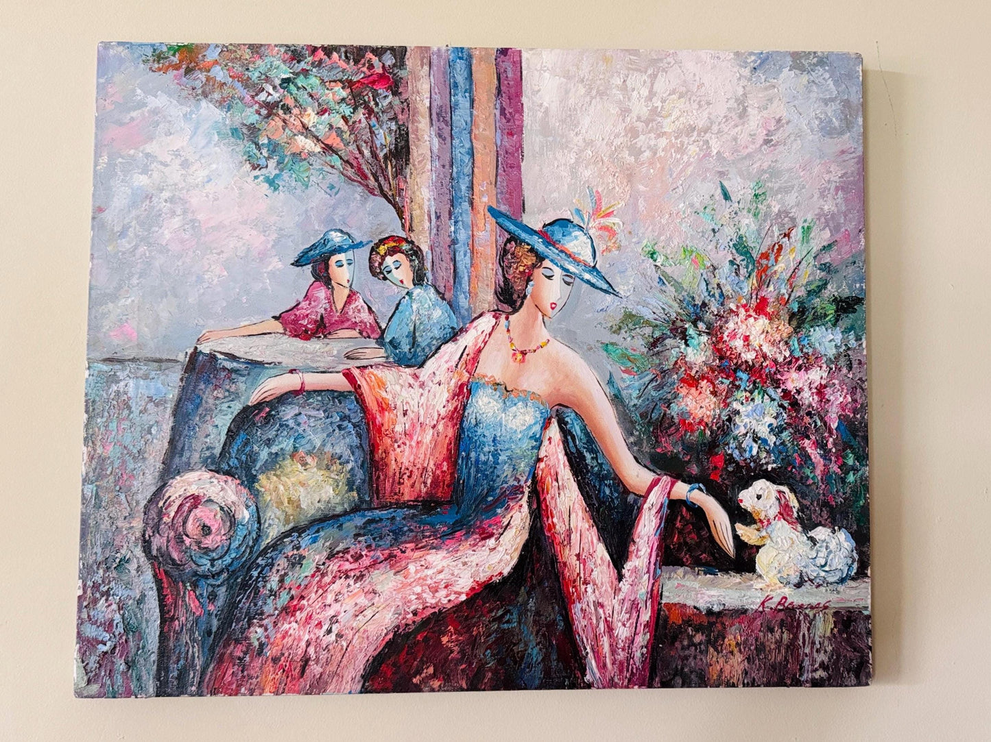 Vintage K. Barnes Oil Painting: Parisian Women with Dog, Floral Impasto Art (20x24)