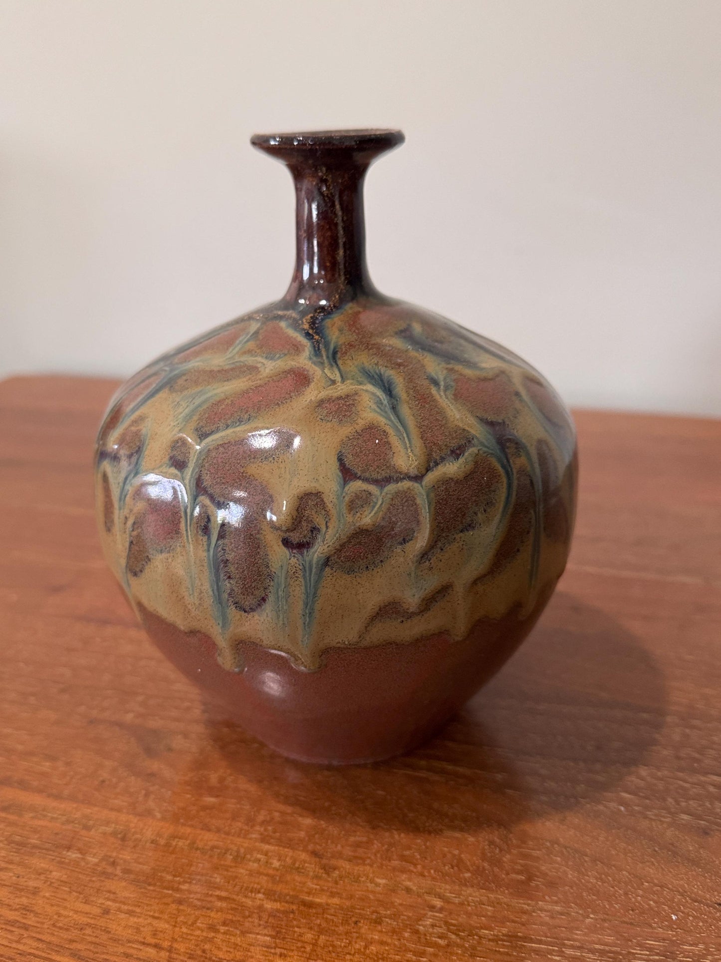Japanese Style Studio Art Pottery Drip Glaze American Shino Vase, Mid-Century Modern Artisan Decor