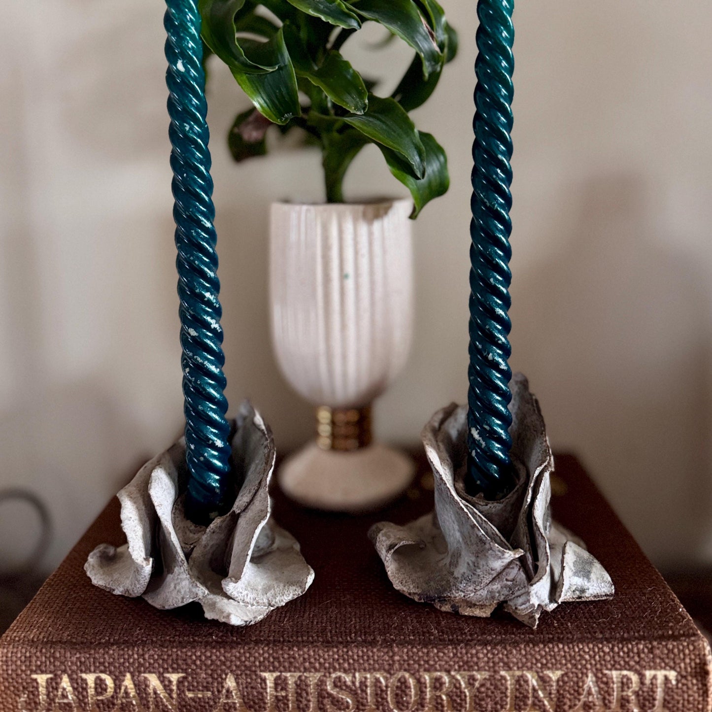 Vintage Sculpted Concrete Candle Holder Set: Rose Flower Design