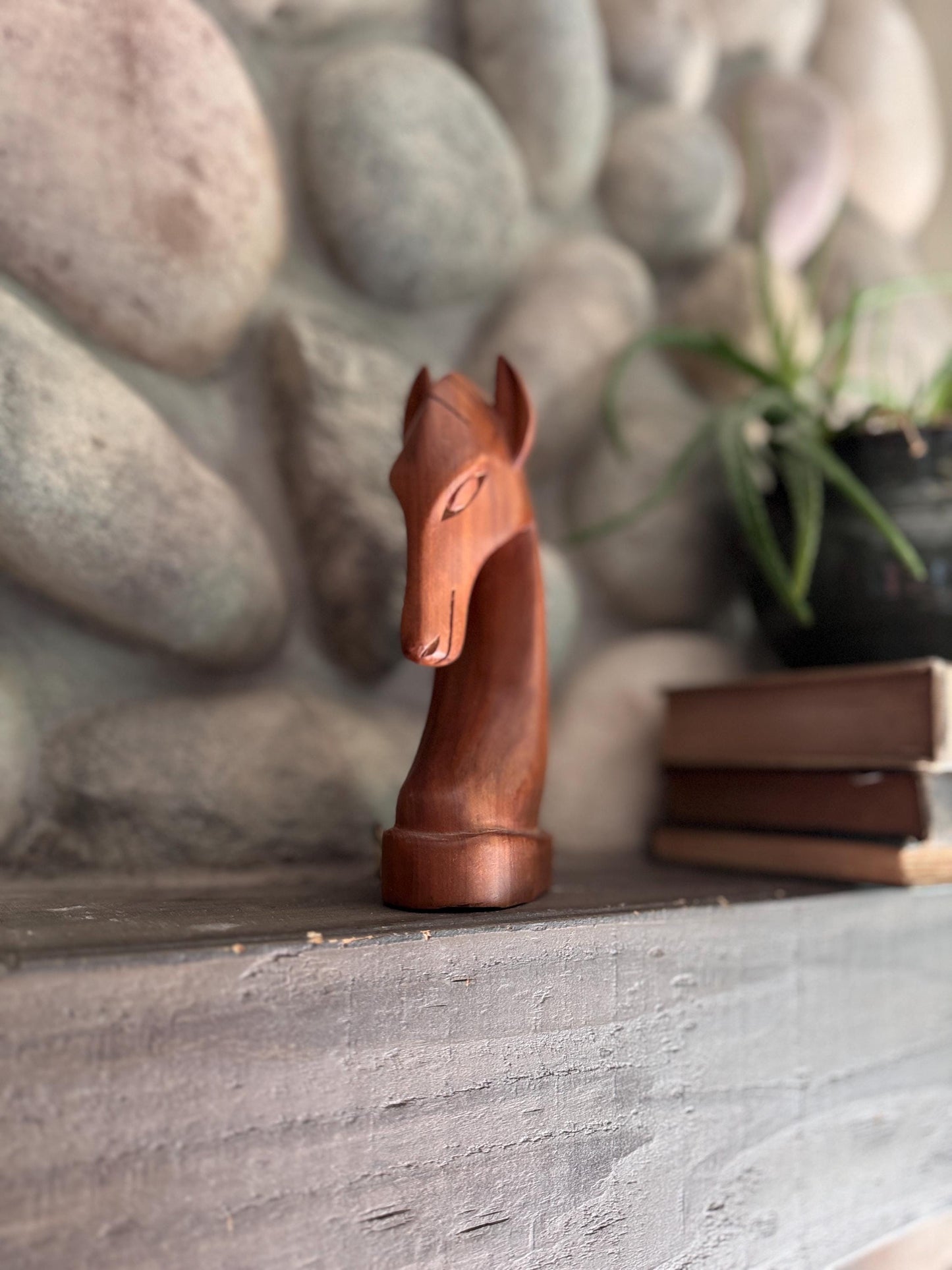 Hand-Carved Wooden Horse Head Figurine – Mid-Century Modern Style Decor