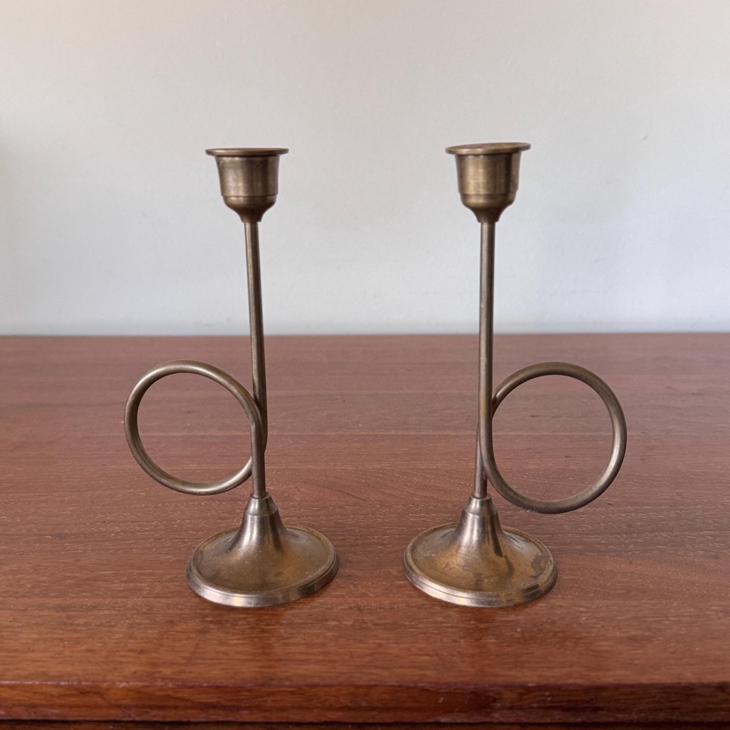 Pair of Mid-Century Modern Brass Trumpet Loop Candlesticks – 7.5” Sculptural Taper Holders