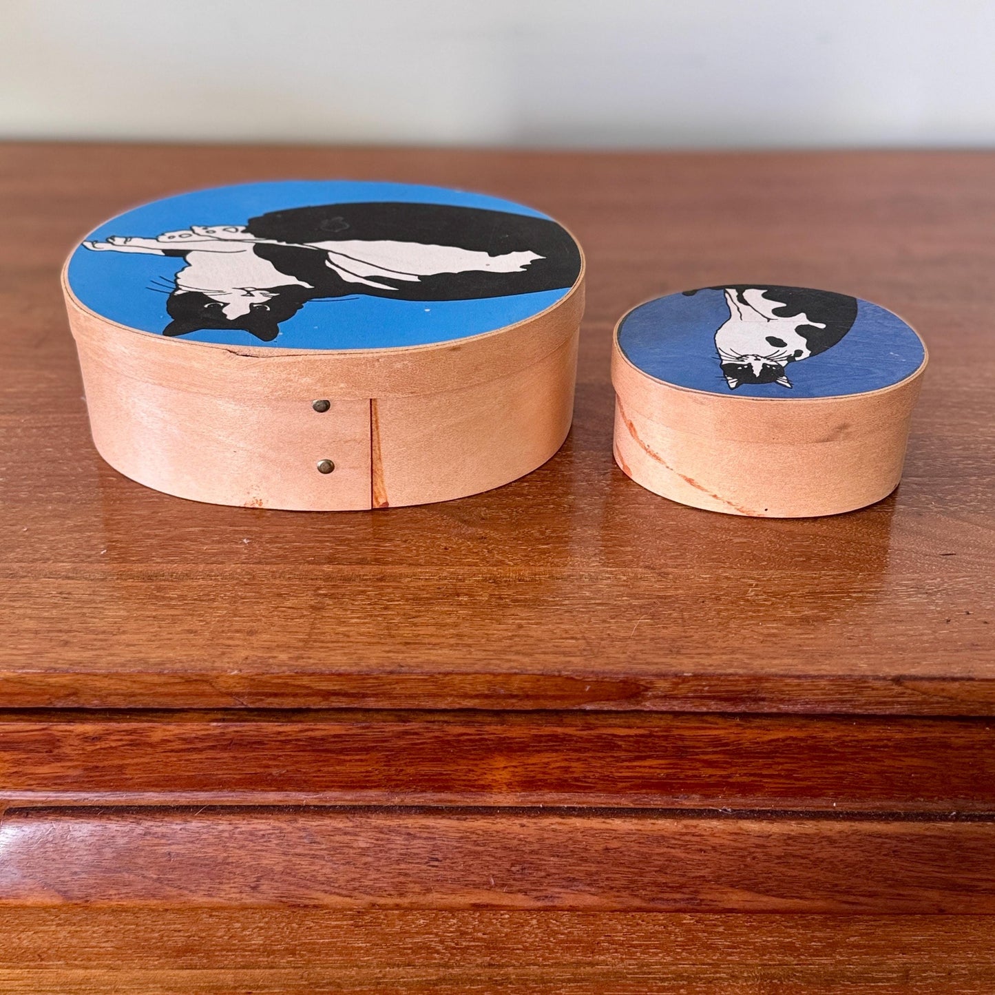 Vintage Cat Illustration Shaker Boxes – Wooden Black & White Tuxedo Cat Art Storage Set