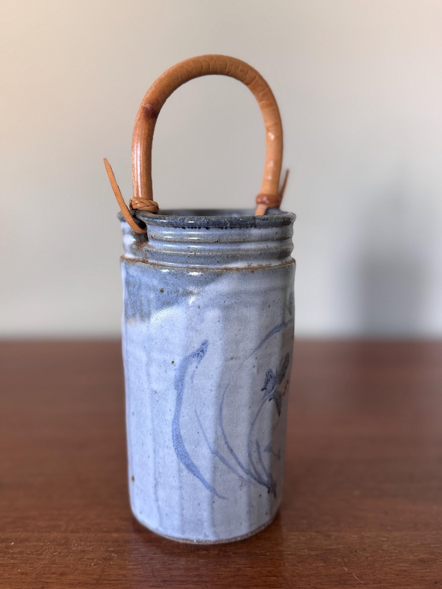 Vintage Studio Pottery Vase with Bamboo Handle Hand-Thrown Stoneware Jar with Blue Glaze & Abstract Brushwork