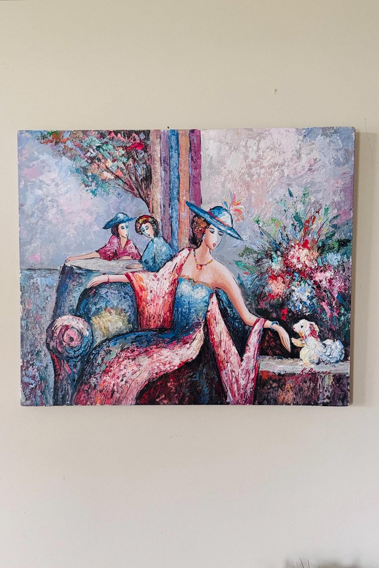 Vintage K. Barnes Oil Painting: Parisian Women with Dog, Floral Impasto Art (20x24)