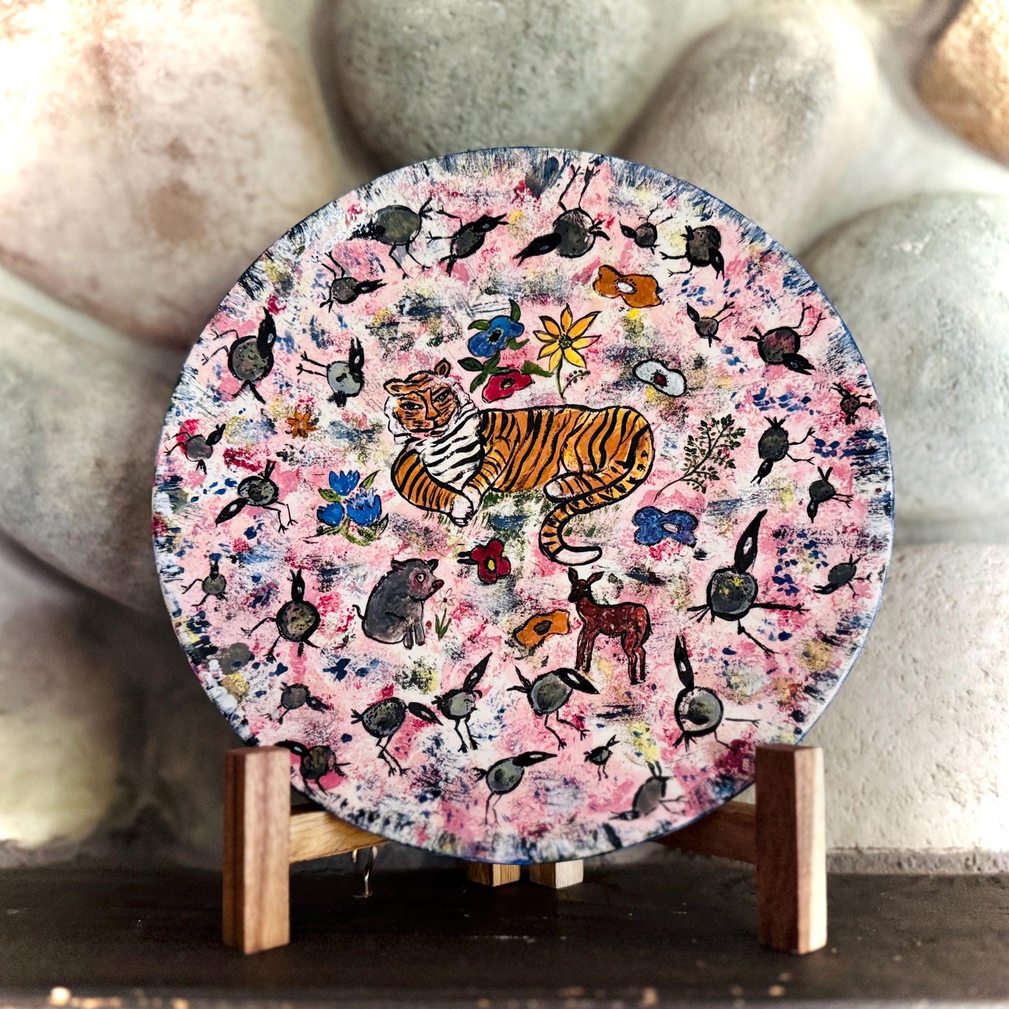 Hand-Painted Tiger Ceramic Plate: 1973 Signed Folk Art Decor