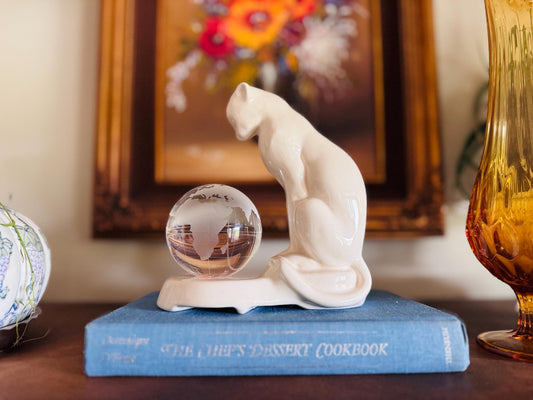 Vintage Oleg Cassini Crystal Globe Paperweight & Ceramic Cat Sculpture - Mid-Century Desk Decor