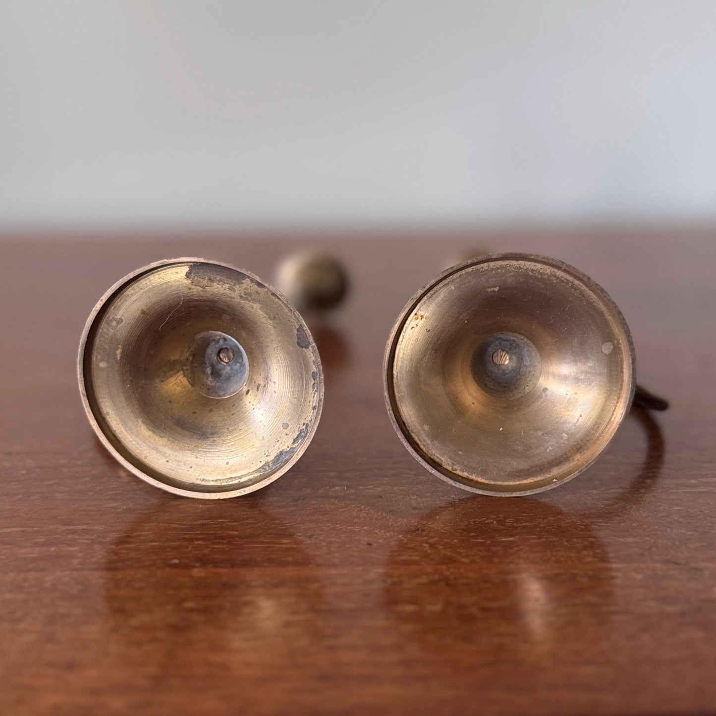 Pair of Mid-Century Modern Brass Trumpet Loop Candlesticks – 7.5” Sculptural Taper Holders