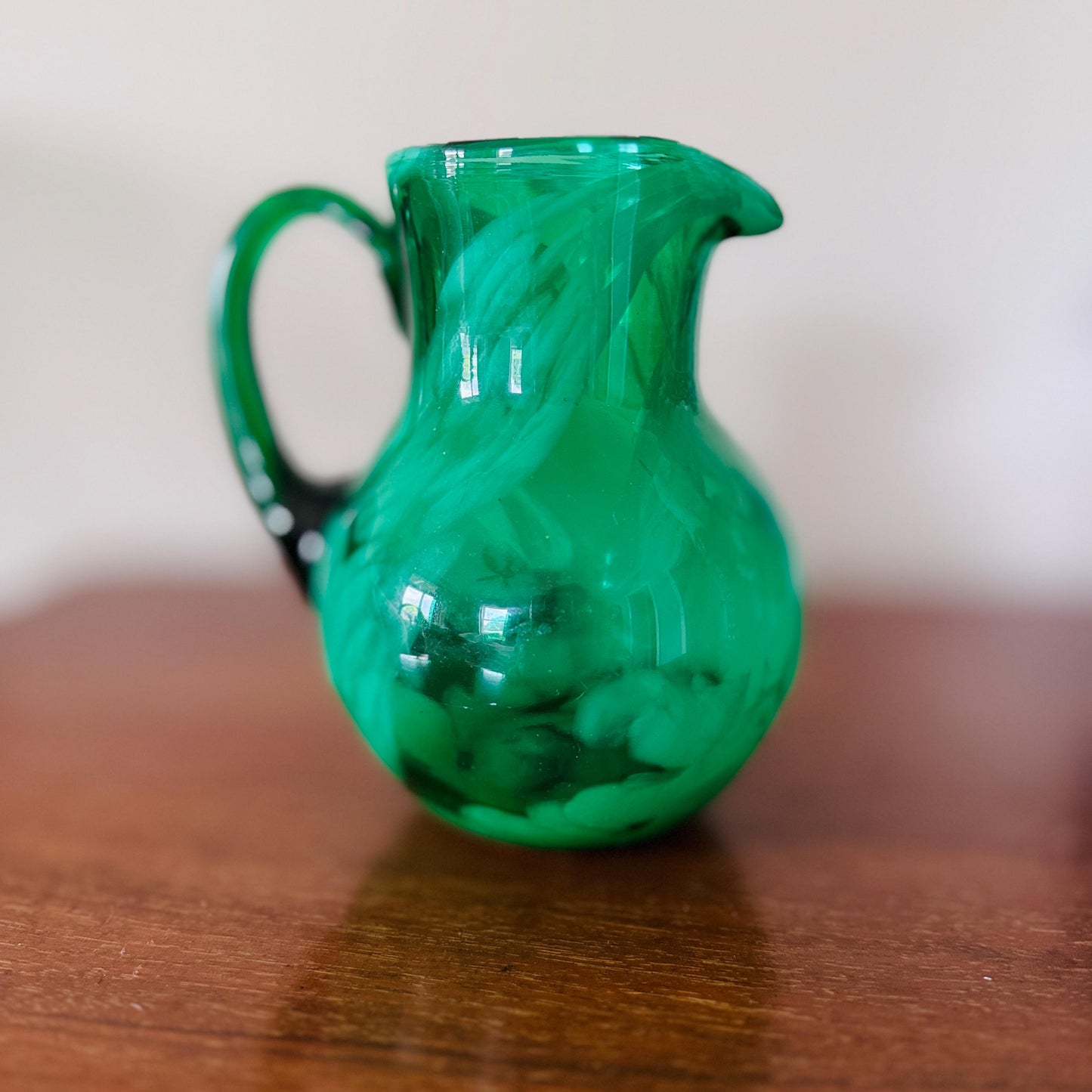 Vintage Hand Blown Jewel Toned Emerald Green Swirl Art Glass Retro Barware