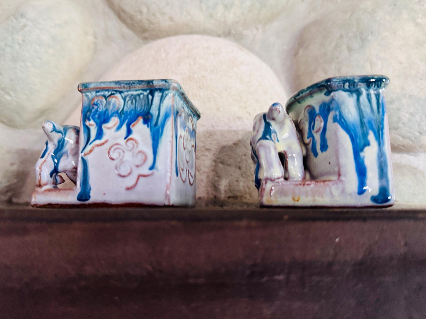 Vintage Japanese Ceramic Dog Planters: Blue Drip Glaze Folk Art, Set of 2